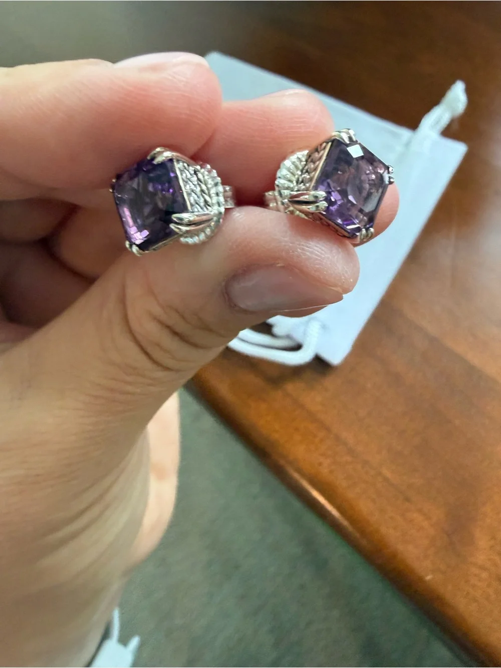 JAI Sterling Silver Asscher Cut Amethyst Gemstone Ring & Earring Set, size 5